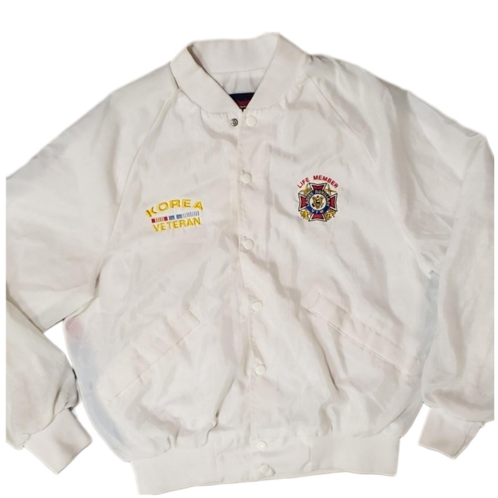 Vintage King Louie Satin Bomber Jacket Eagle American Flag White Large USA